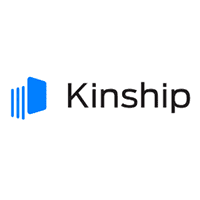 Logo of Kinship, featuring a stylized blue book icon with three vertical white lines next to the word 'Kinship' in black font.