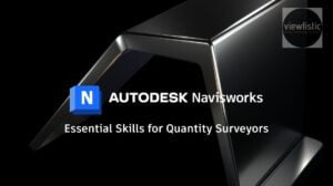 Promotional graphic for Autodesk Navisworks featuring the Navisworks logo with the text 'Essential Skills for Quantity Surveyors' on a sleek black background.