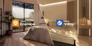 Comparison between two architectural visualization renderings of a modern bedroom. The left side is labeled with the Enscape logo and represents a warm and naturally lit scene with an open window showing a landscape view. The right side is labeled with the V-Ray logo and displays a more artificial, cooler lighting with a focus on interior design details.