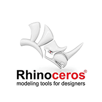 Rhinoceros 3D software logo featuring a stylized silver rhinoceros above the text 'Rhinoceros' and the tagline 'modeling tools for designers.'