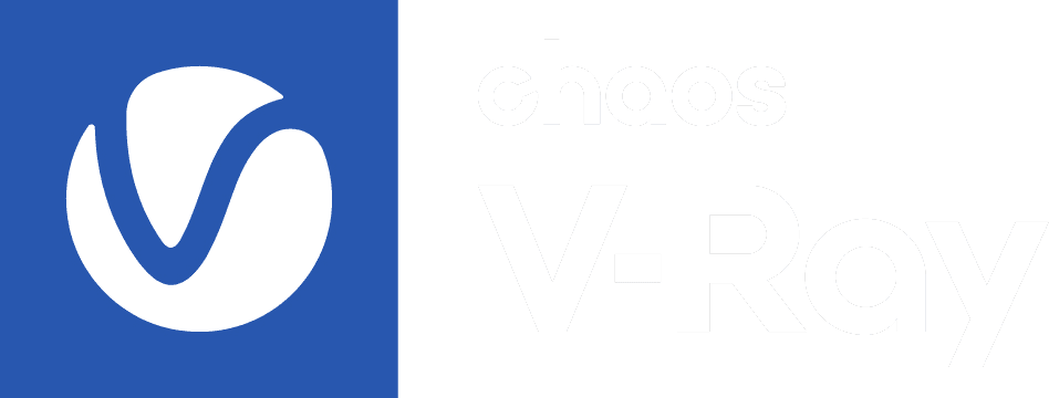 The logo of V-Ray on a blue and white background with the company name, Chaos, faintly visible.