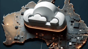 A 3D illustration of Australia with a cloud computing symbol overlaying the map, highlighting the technological infrastructure and connectivity.