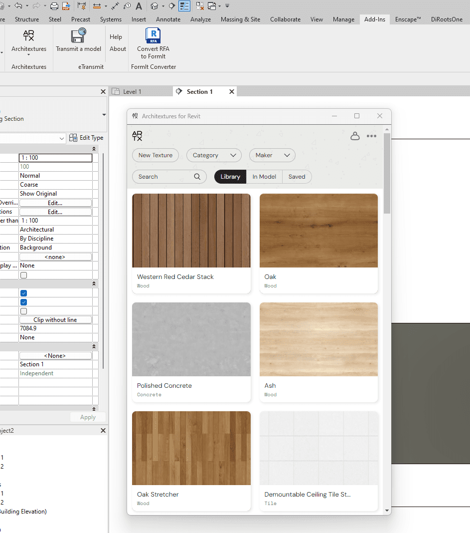 Seamless Integration of Architextures with Revit and SketchUp Screenshot of the Architextures interface integrated within Revit software, showing a selection of materials including wood and concrete textures.