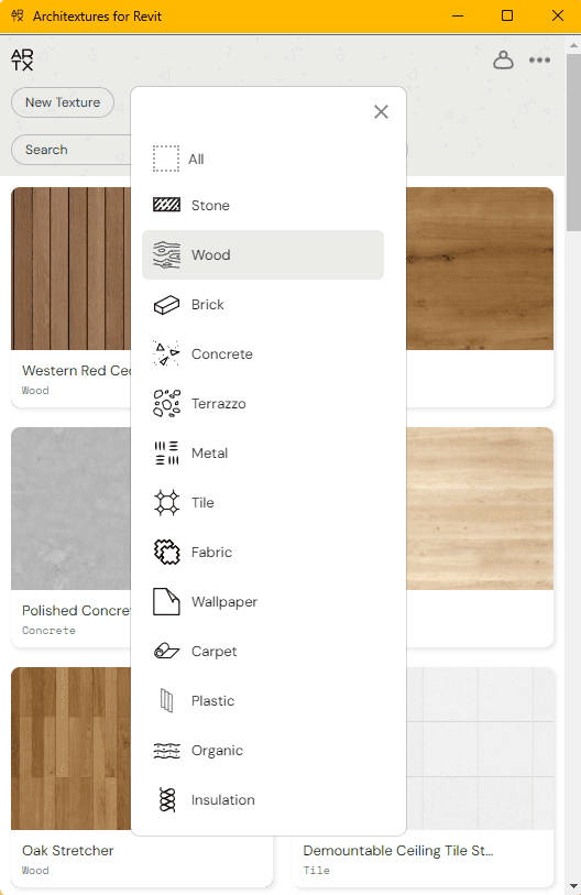 User interface of Architextures for Revit displaying a selection of materials categorized by type, such as Wood, Stone, and Concrete.