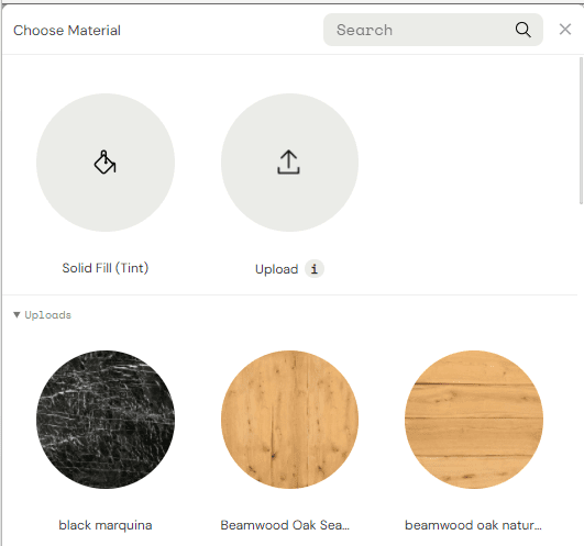 Material selection interface showing options for Solid Fill (Tint), Upload function, and custom uploaded materials like black marquina and two shades of beamwood oak.