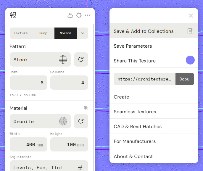 Customize and Share with Precision: Architextures’ Advanced Texture Editor A detailed view of the texture customization panel in Architextures with options for texture type, pattern layout, material properties, and sharing features.