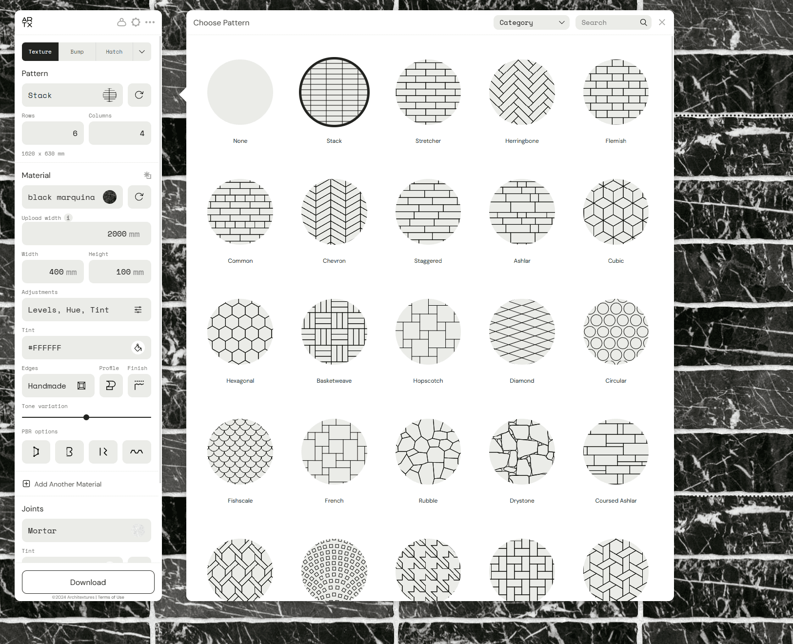 Exploring Masonry Patterns with Architextures: Crafting Textural Narratives Interface showcasing a selection of masonry patterns available in Architextures against a background of black marquina marble texture.