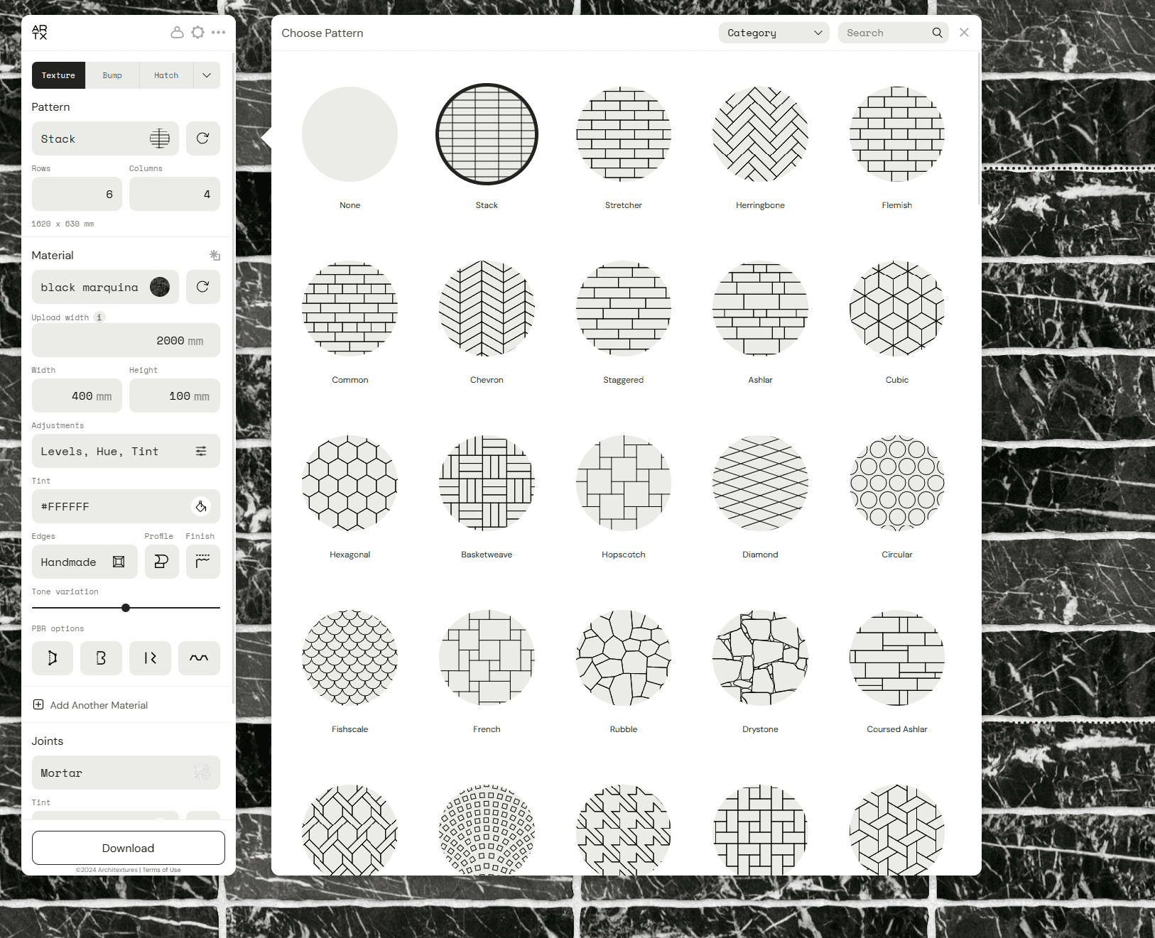 Interface showcasing a selection of masonry patterns available in Architextures against a background of black marquina marble texture.