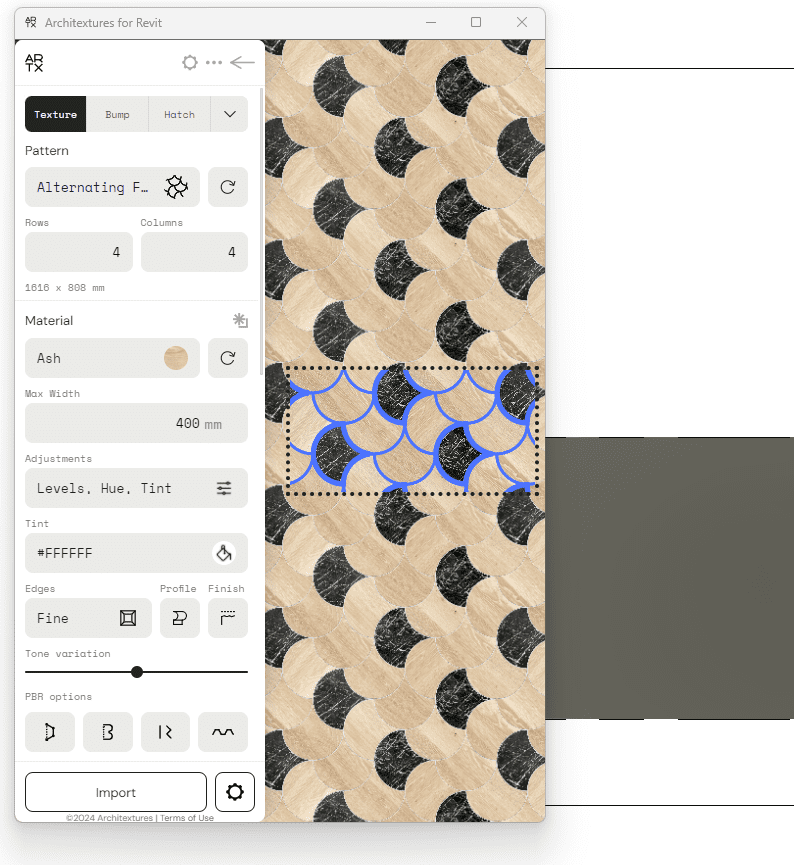 The interface of Architextures in Revit showing an alternating fish scale pattern of ash and black marble textures with editing tools for customization.