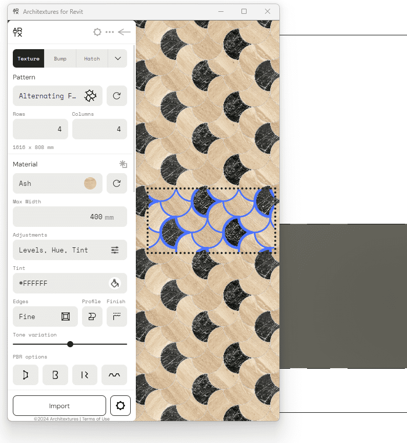 Designing with Detail: The Fish Scale Pattern Customization in Architextures for Revit The interface of Architextures in Revit showing an alternating fish scale pattern of ash and black marble textures with editing tools for customization.