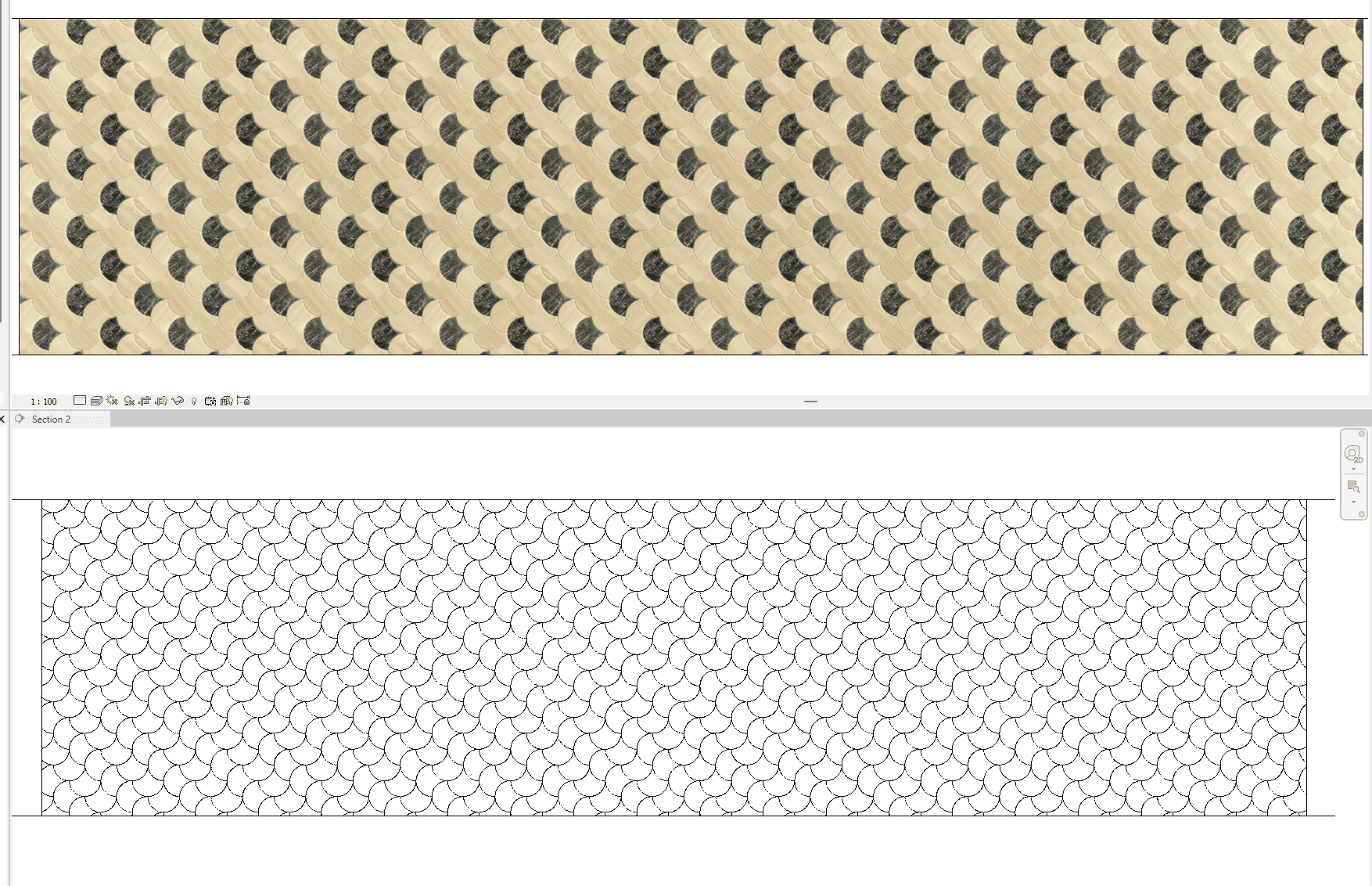 Comparison of a colorful fish scale texture pattern above and its corresponding black and white hatch pattern below in a design software interface.