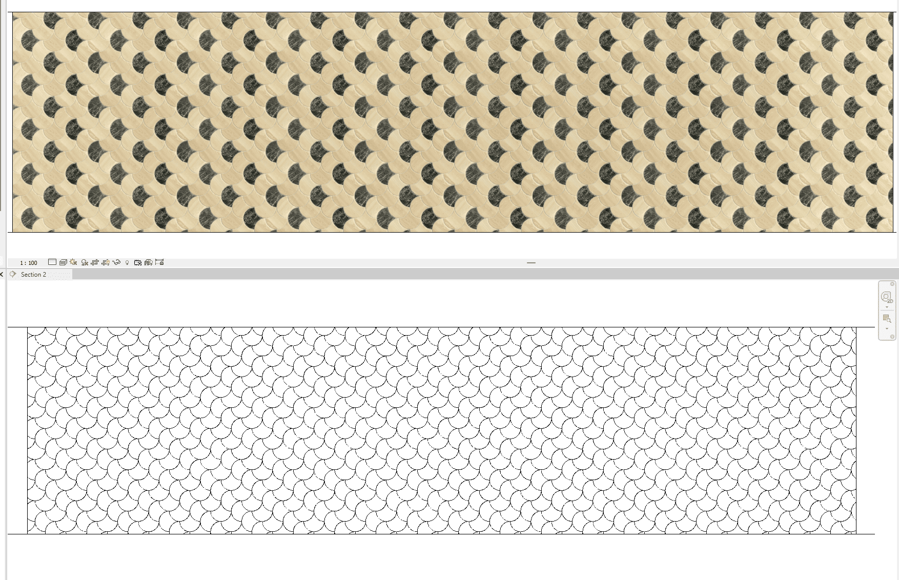 From Textures to Technical: Converting Patterns to Hatch in Design Software Comparison of a colorful fish scale texture pattern above and its corresponding black and white hatch pattern below in a design software interface.