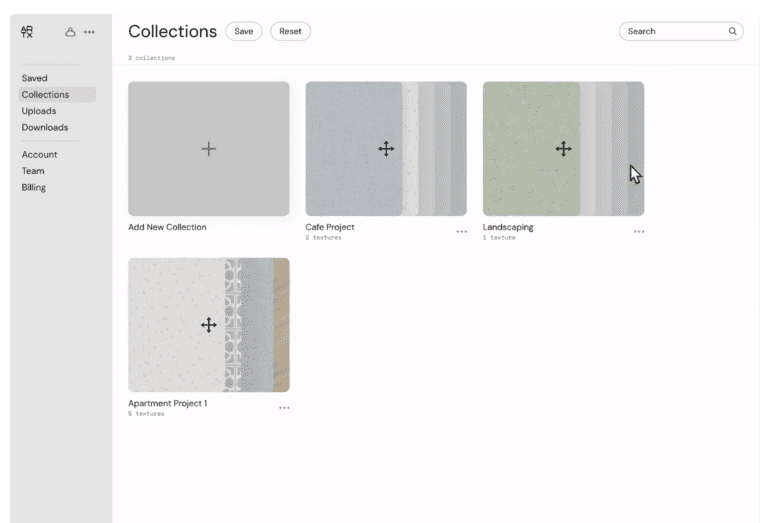 Interface of Architextures showing a 'Collections' page with options to create new collections and previews of existing projects like 'Cafe Project' and 'Apartment Project 1'.