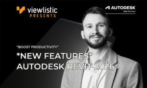 Promotional banner featuring a smiling presenter, Viewlistic and Autodesk logos, and text highlighting new features in Autodesk Revit 2026.