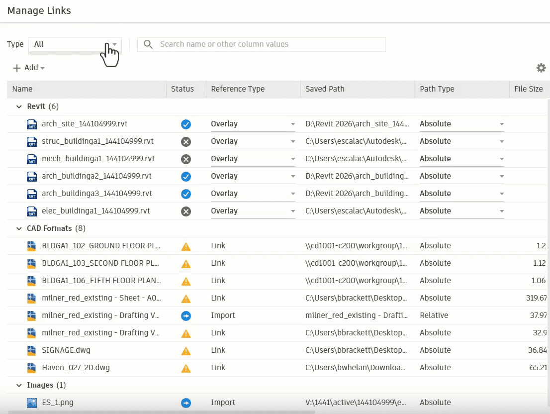 Managing Linked Files in Revit: Revit, CAD, and Image Imports Revit Manage Links dialog showing Revit, CAD, and image file links with status indicators and path types.