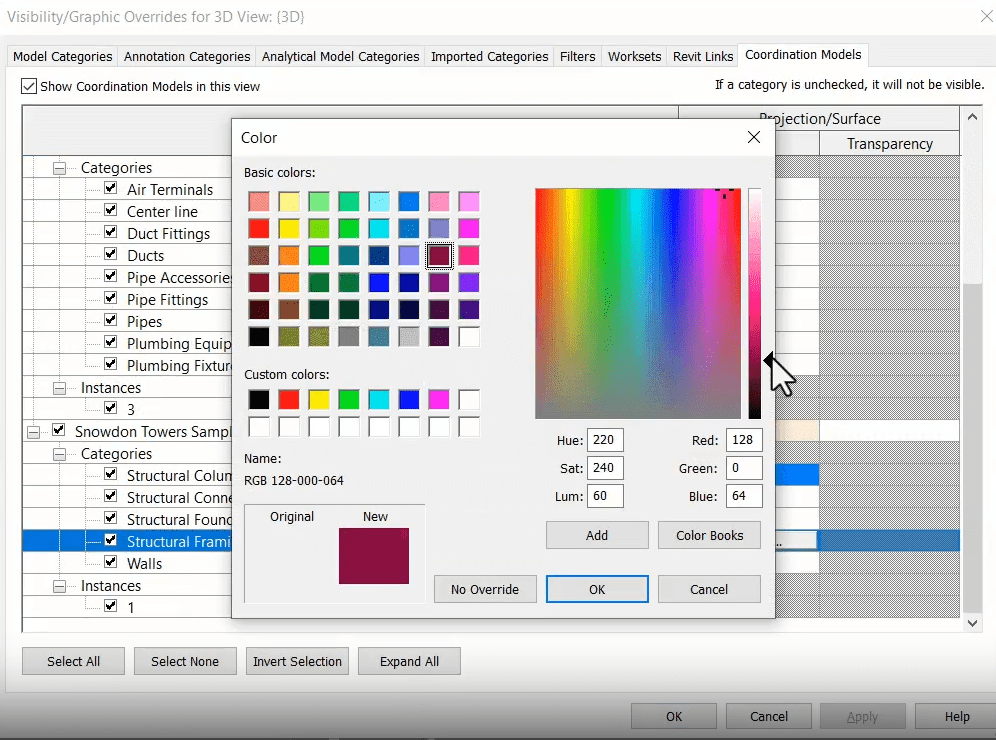 Customizing Visibility Graphics in Revit 3D Views Caption: Revit Visibility/Graphic Overrides dialog showing the color selection window for changing the appearance of structural framing elements in a 3D view.