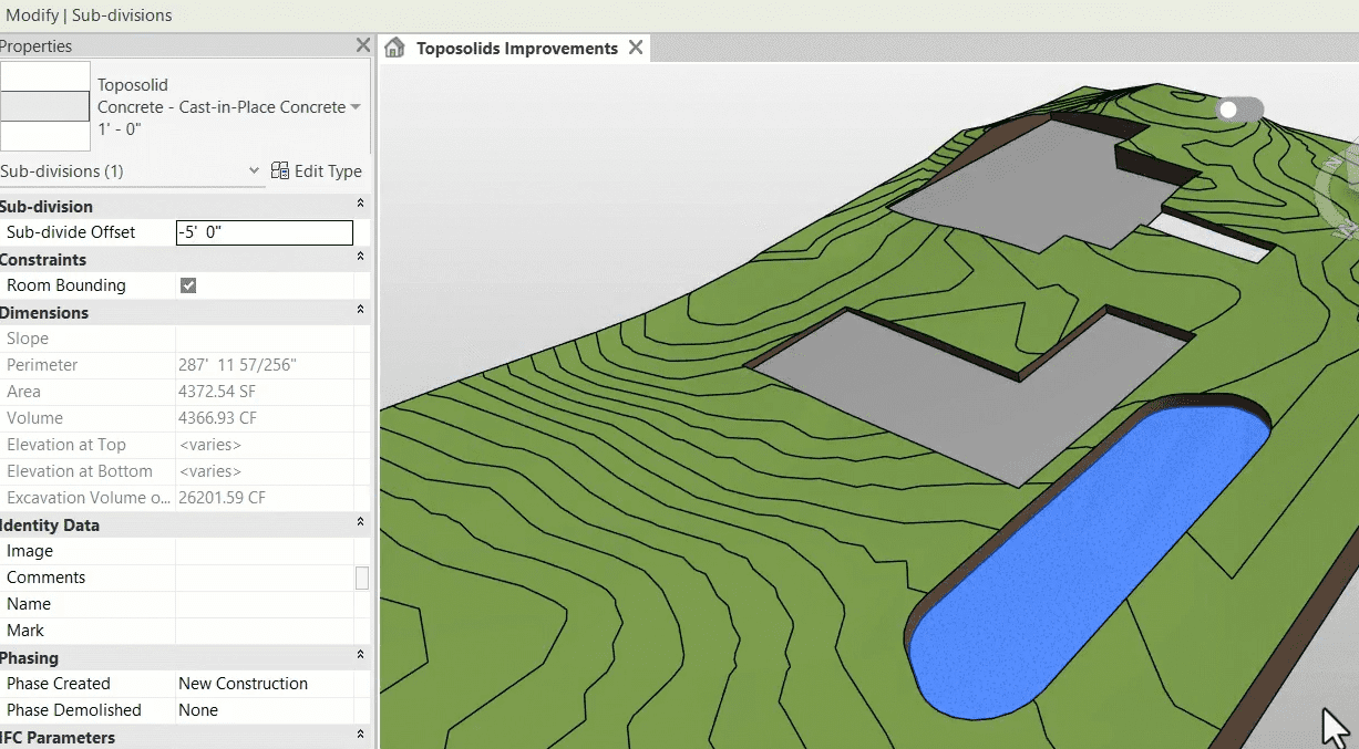 3D Landscape Model with Topographical Details A 3D model of a landscape with topographical lines, buildings, and a body of water, accompanied by a panel listing various properties and parameters.