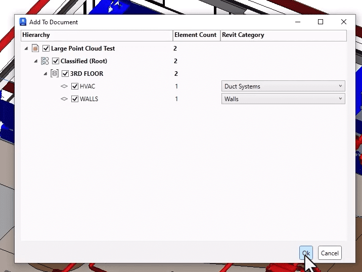 Classifying Point Cloud Elements into Revit Categories Revit "Add to Document" dialog showing classification of point cloud data into HVAC and Wall elements with assigned Revit categories.