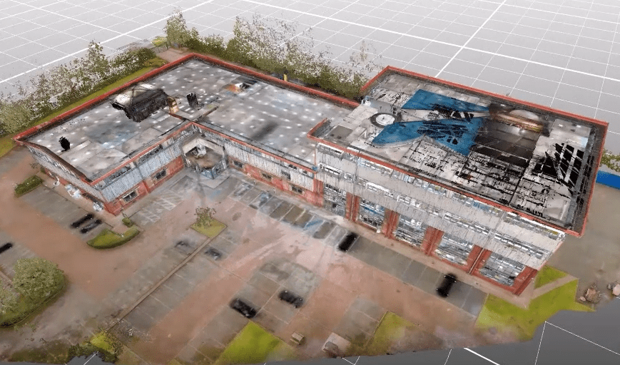 Reality Capture: 3D Point Cloud of an Existing Commercial Building 3D point cloud model of a commercial building and its surrounding site, captured using reality capture technology.