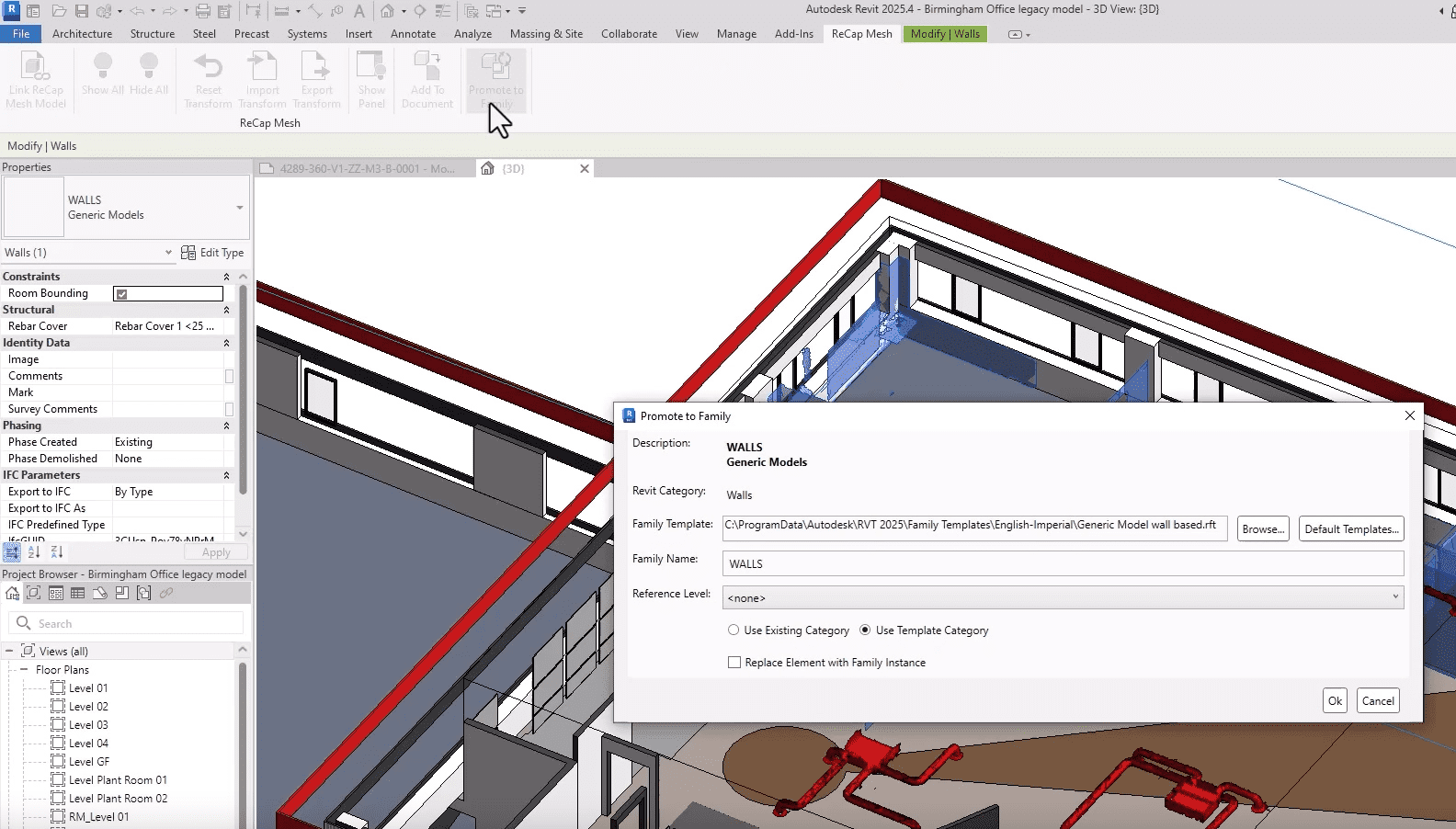 Promoting ReCap Mesh Elements to Revit Families Revit interface showing the “Promote to Family” dialog box for a wall element converted from a ReCap mesh, with Revit category and template selection options.