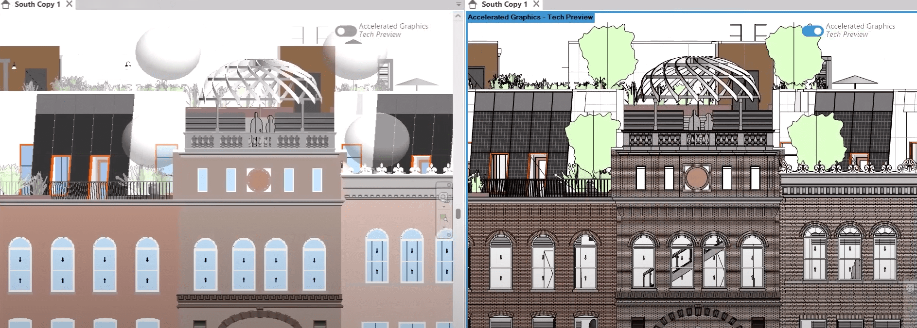 Visual Comparison: Revit Elevation Views with Accelerated Graphics On vs Off Side-by-side comparison of Revit elevation views with and without Accelerated Graphics enabled, highlighting differences in rendering detail and clarity.