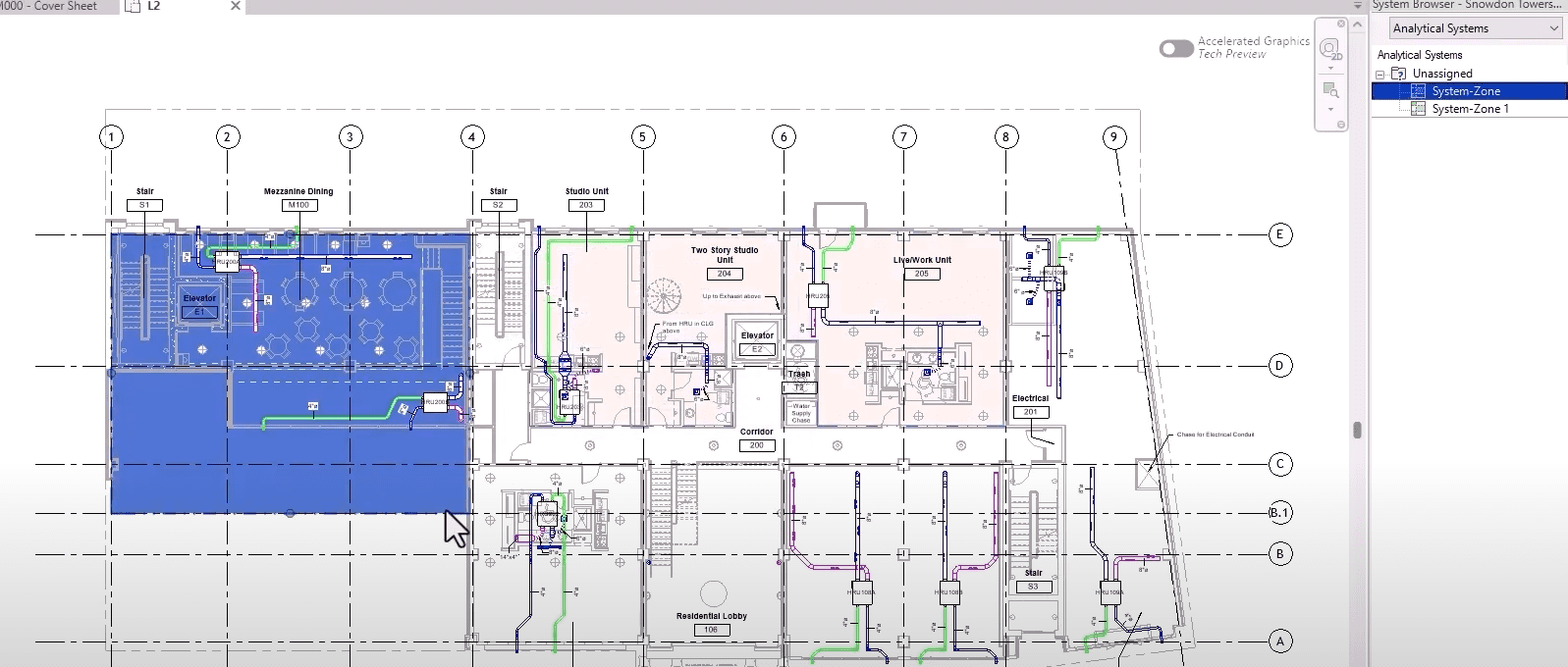 Zone-Based System Analysis in Revit with Analytical Systems Revit floor plan view showing assigned analytical system zones with mechanical ductwork and piping layouts overlaid.