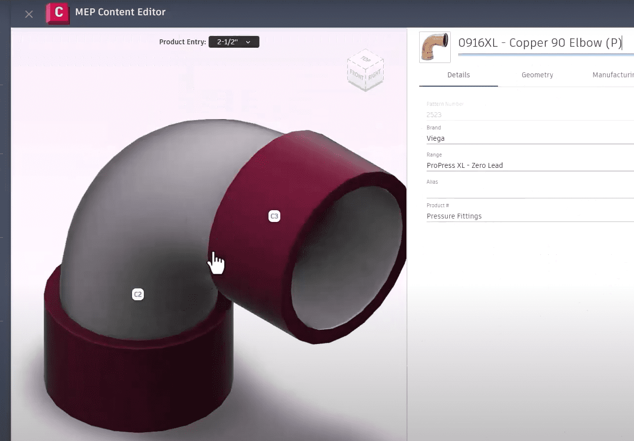 Editing MEP Fittings in the Autodesk MEP Content Editor MEP Content Editor interface showing a 3D view of a copper 90-degree elbow fitting with editable connection points and product details. Title: