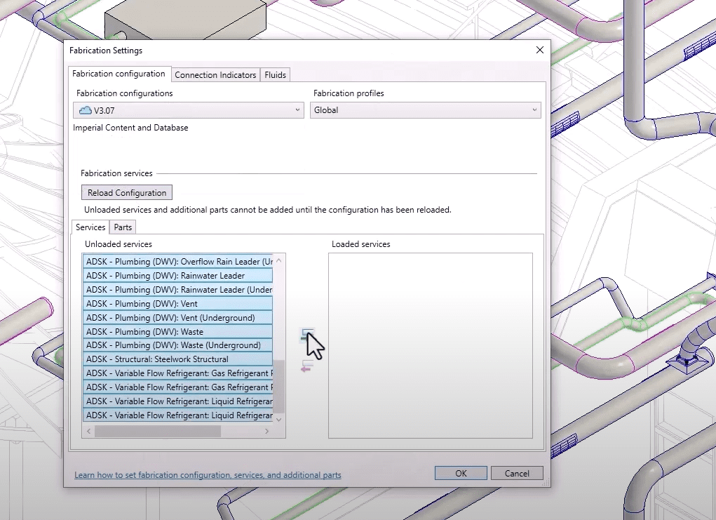 Managing Fabrication Services in Revit MEP Configuration Revit Fabrication Settings dialog showing a list of unloaded and loaded MEP services under the "Fabrication configuration" tab.
