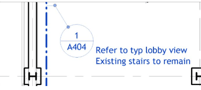 Technical Drawing with Annotations A technical drawing with annotations, including a label "A404" and text indicating existing stairs and a lobby view.