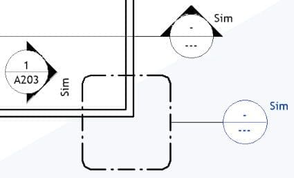 A technical drawing featuring various symbols and annotations, including circles with triangles inside, labeled "Sim" and "A203."