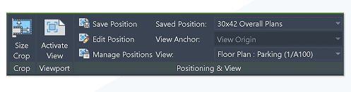 Revit viewport properties panel showing crop, positioning, and saved view settings for a floor plan view.