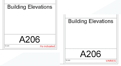 Revit Title Block Scale Notations: “As Indicated” vs “VARIES” Two Revit sheet title blocks displaying different scale label styles – one shows "As indicated" and the other