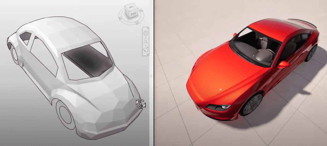 From Concept to Realism: Low-Poly Modeling to High-Quality Rendering Side-by-side comparison of a low-poly car model in a modeling environment and a fully rendered, photorealistic version of the same car.