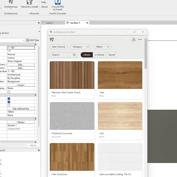 Seamless Integration of Architextures with Revit and SketchUp Screenshot of the Architextures interface integrated within Revit software, showing a selection of materials including wood and concrete textures.